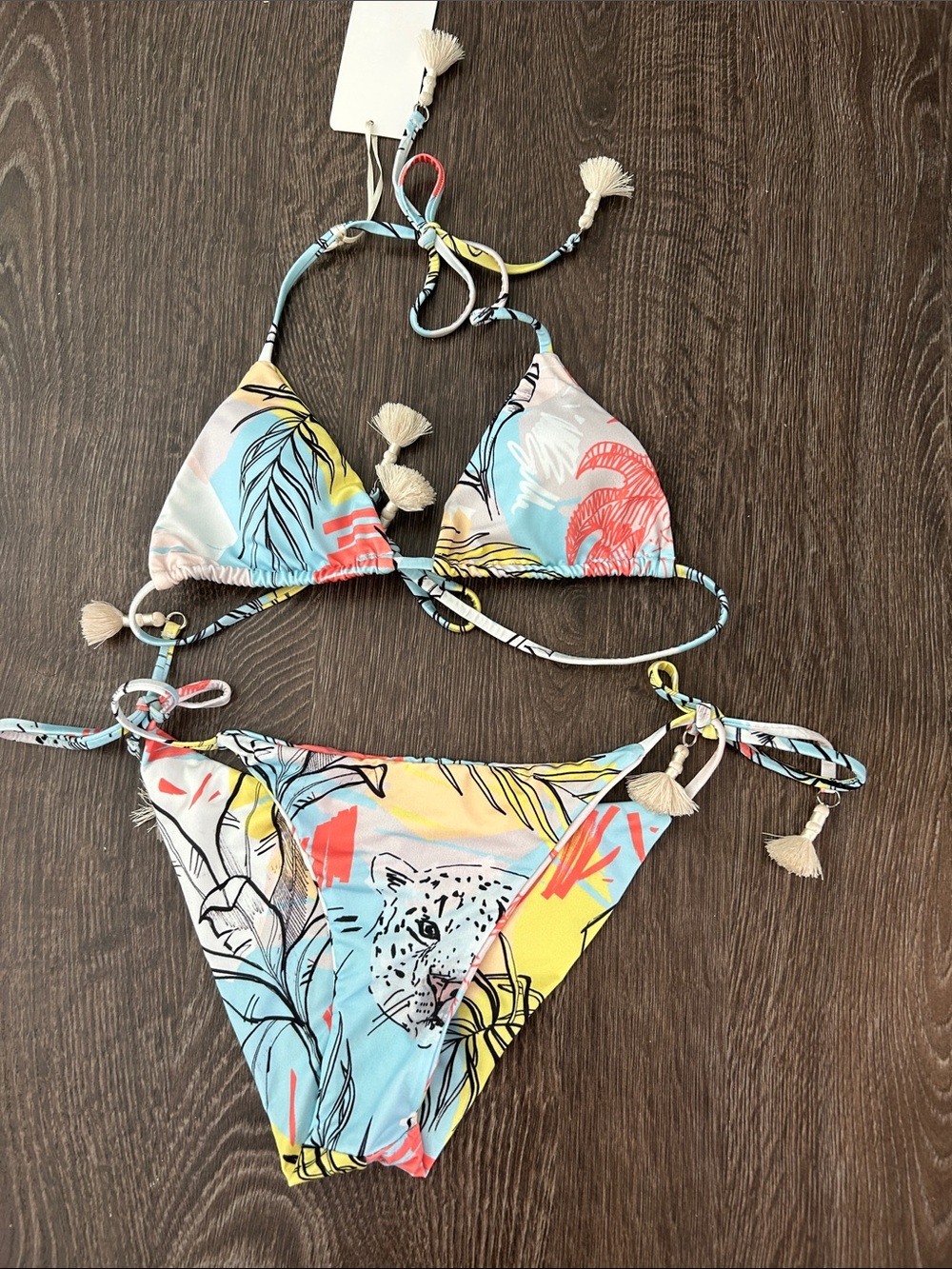 TAJ by Sabrina Crippa Tropical Print Triangle Bikini in Blue, Yellow, Coral